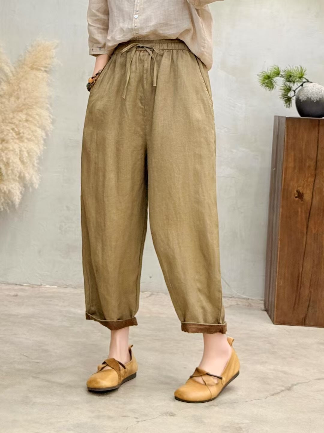 Damen Relaxed Fit Hohe Taille Hose mit verstellbarem Zugband Drune