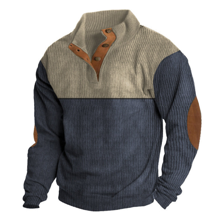 Herren nan rustikaler gerippter Pullover mit Henley-Kragen und lederartigen Ellbogenbesätzen Drune