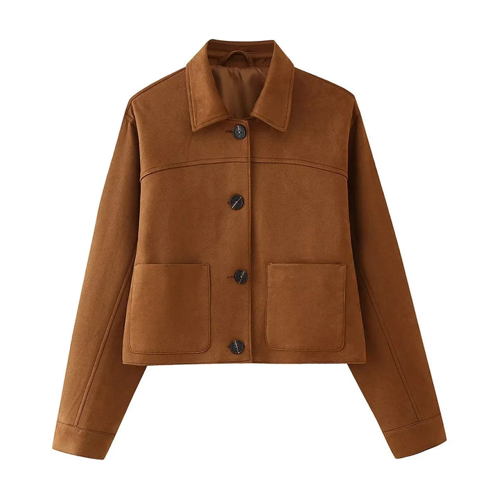 Damen nan kurze Carcoat-Jacke aus Veloursimitat mit Hemdkragen und aufgesetzten Taschen Drune