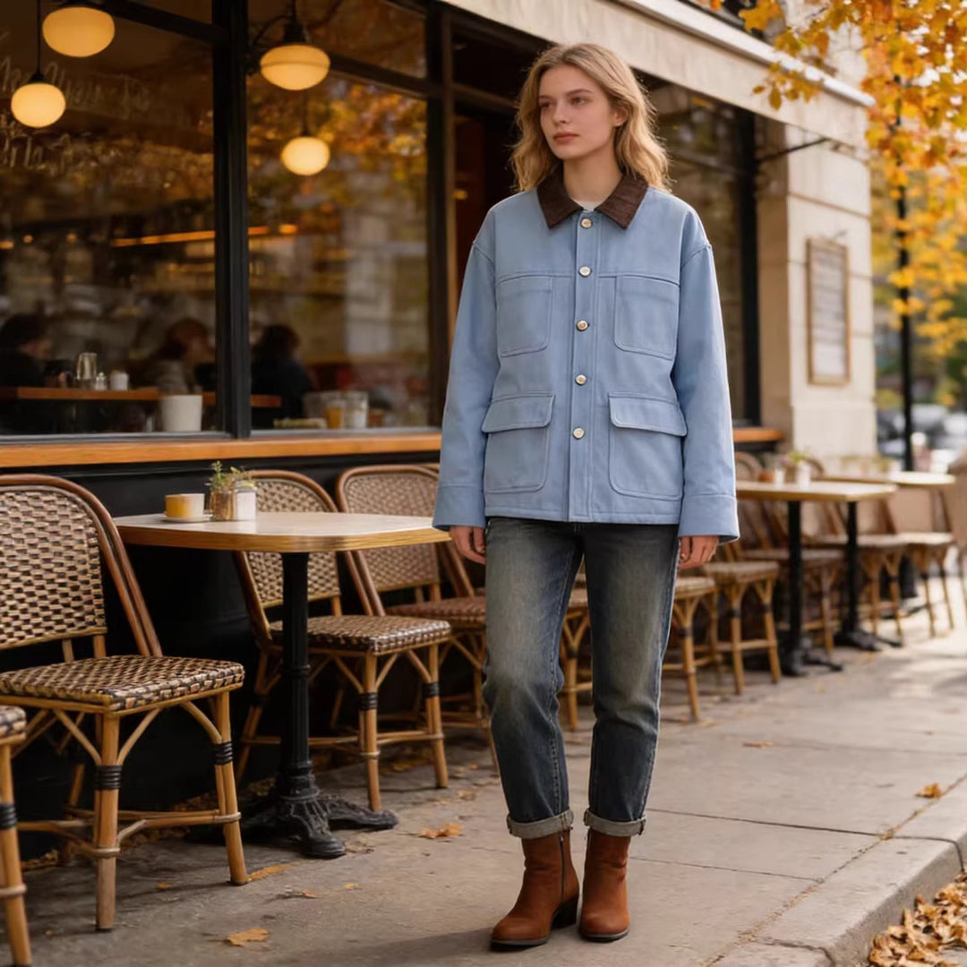 Damen Boxy-Arbeitsjacke mit Cordkragen und vier aufgesetzten Taschen Drune