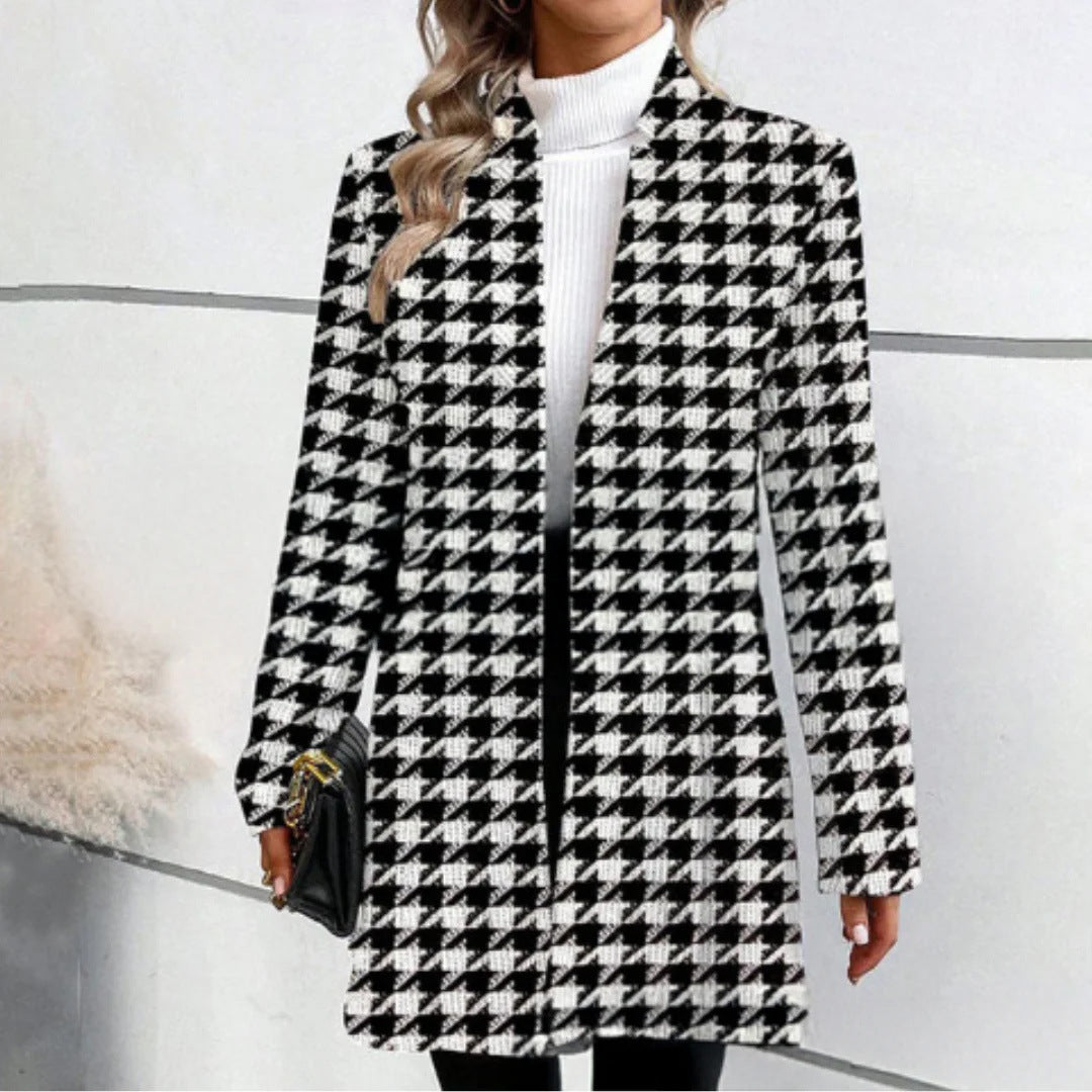 Damen Einreiher Karierter Mantel im Langen Blazer Stil mit Schlanker Silhouette Drune