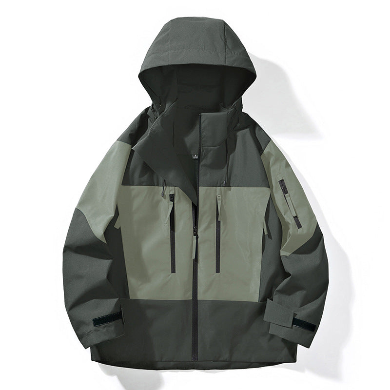 Herren Wasserabweisende Colorblock-Outdoorjacke mit Kapuze, Mehrfach-Reißverschlusstaschen und verstellbaren Bündchen Drune