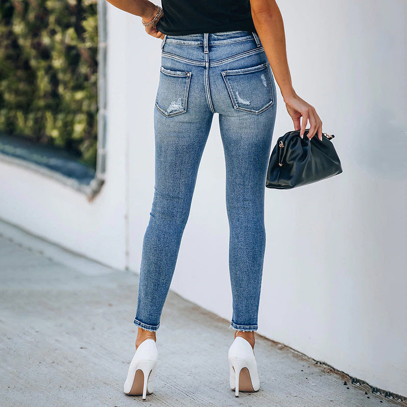 Damen Hochtaillierte Skinny-Jeans mit Knopfverschluss und Stretch Drune