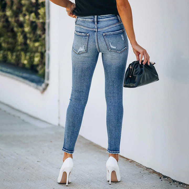 Damen Hochtaillierte Skinny-Jeans mit Knopfverschluss und Stretch Drune