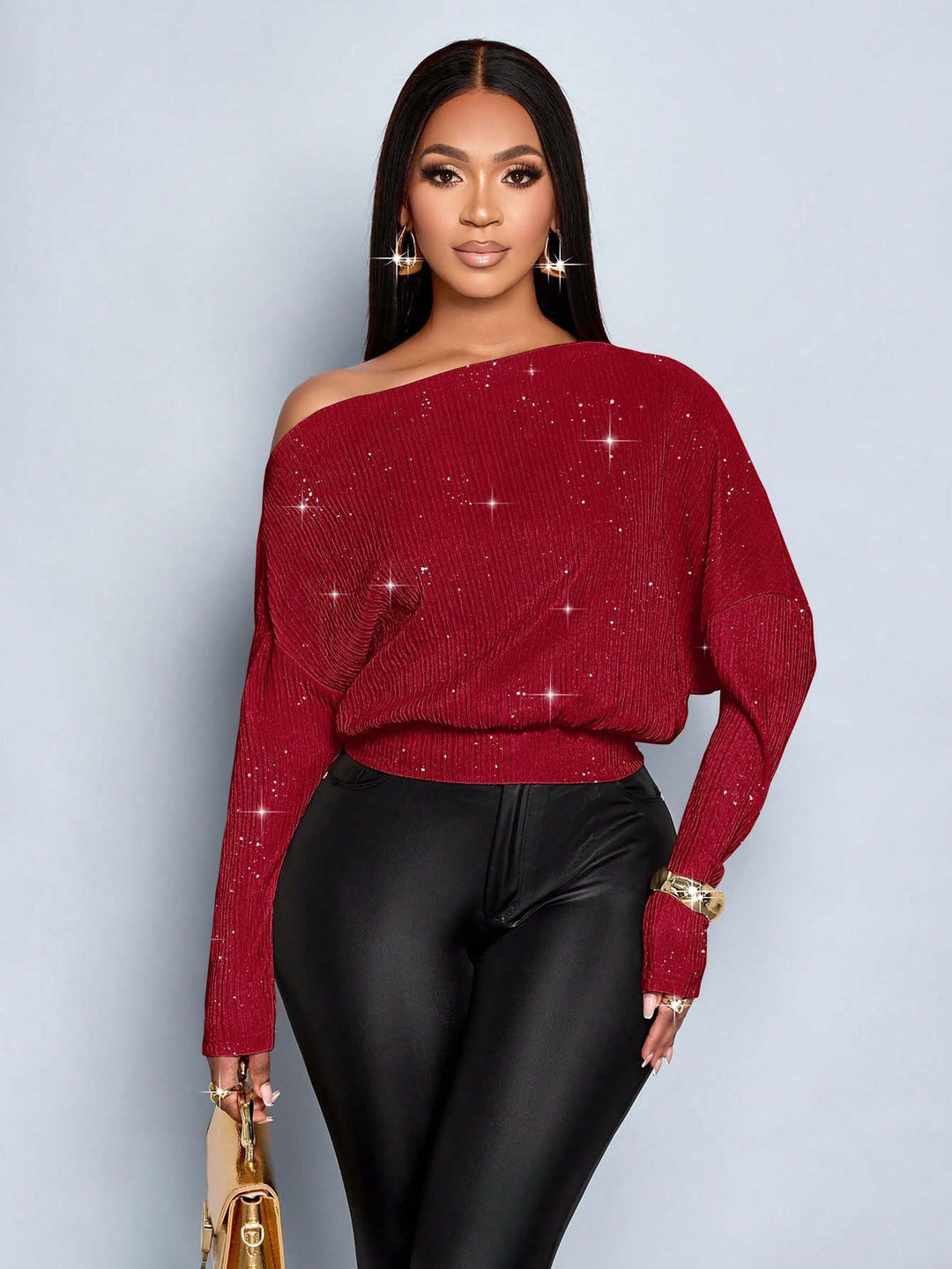 Damen Off-Shoulder Rippstrick-Pullover mit Glitzereffekt und Batwing-Ärmeln Drune