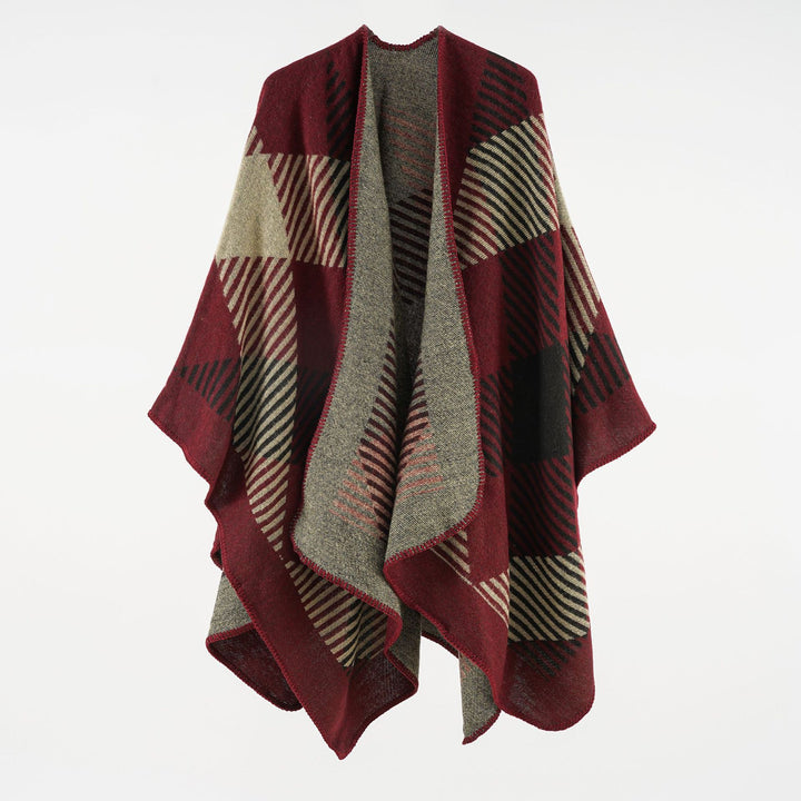 Damen Umhangponcho aus Wollmix mit geometrischem Streifen-Jacquard und offener Kantennaht Drune