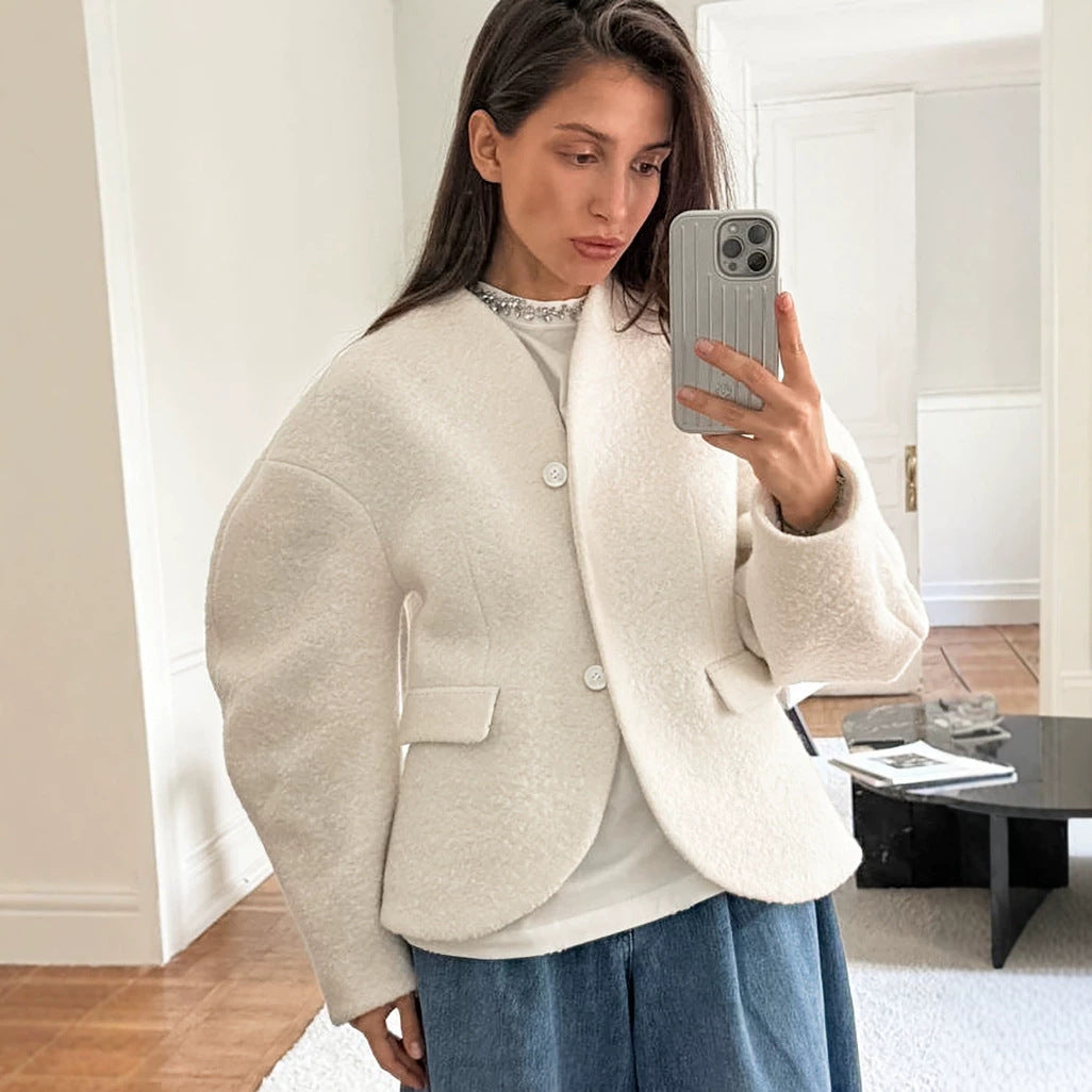 Damen Kurzjacke im Bouclé-Stil mit Oversize-Ärmeln und Pattentaschen Drune