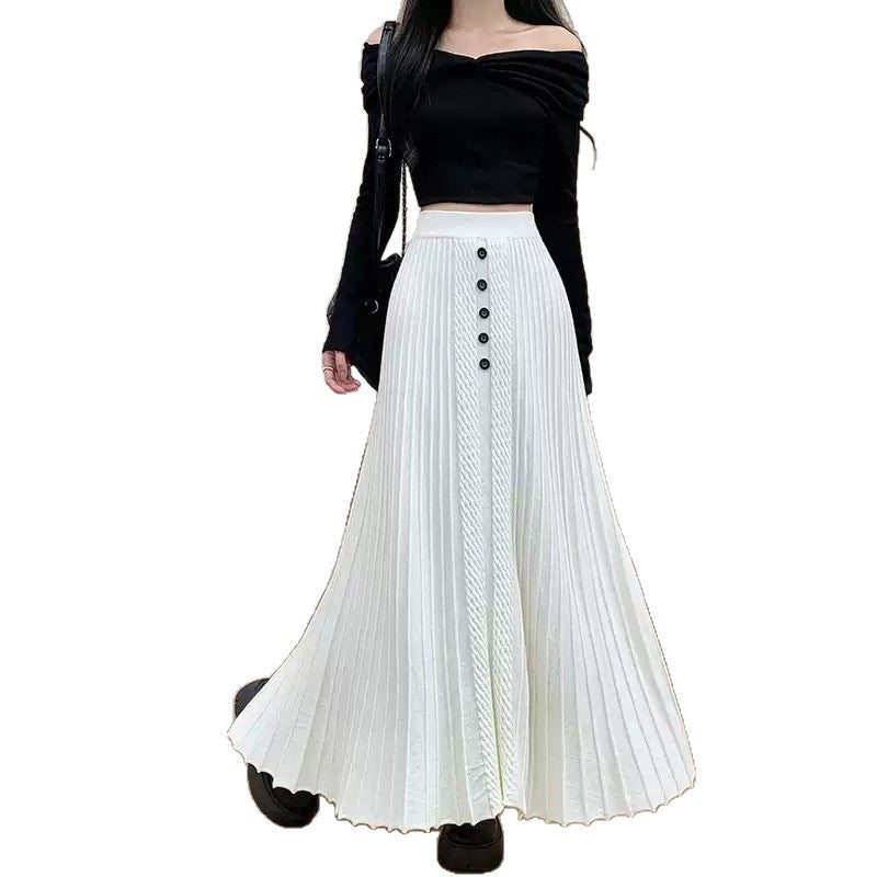 Damen Eleganter Plissee-Maxirock mit Knopfdetails Drune