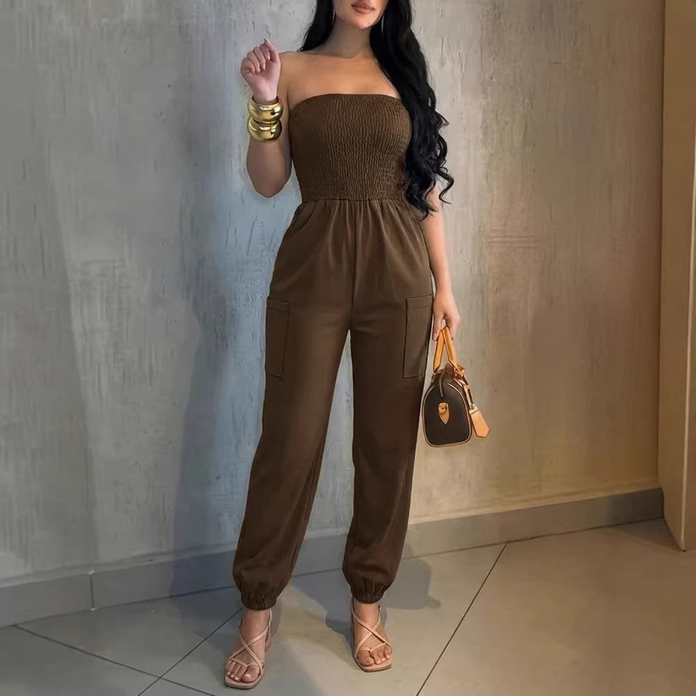 Damen Bequemes Jumpsuit mit schulterfreiem Design und praktischen Taschen Drune