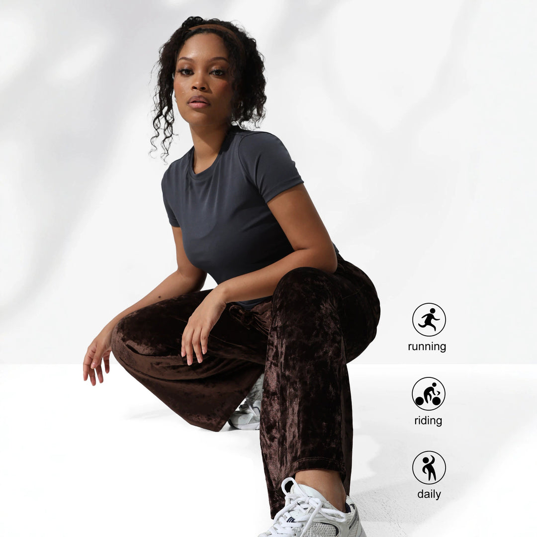 Damen Velours-Hose mit weitem Bein, Tunnelzug und Eingrifftaschen Drune