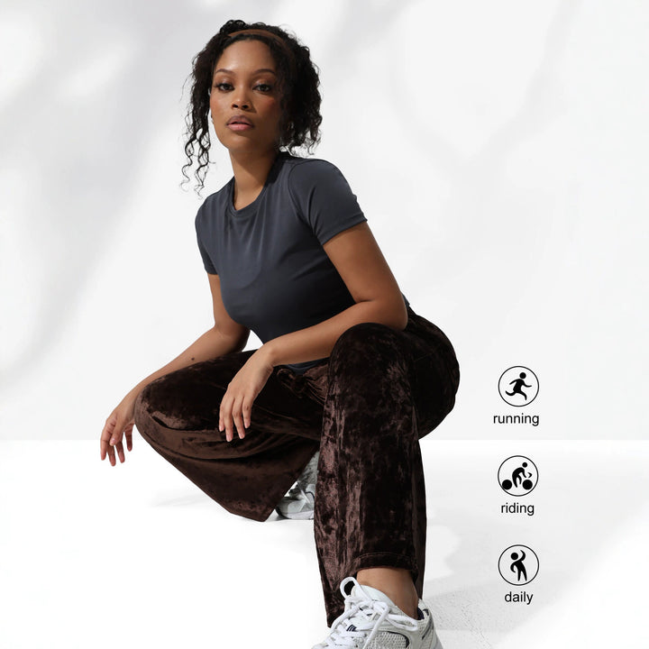Damen Velours-Hose mit weitem Bein, Tunnelzug und Eingrifftaschen Drune
