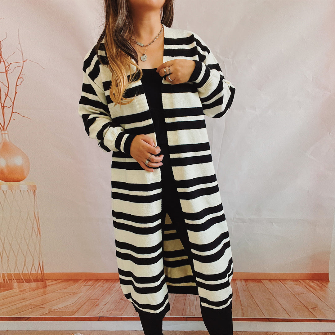 Damen lange gestreifte Strickjacke mit offenem Schnitt Drune