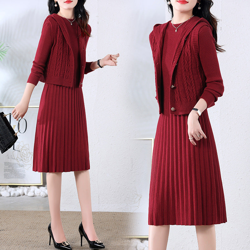 Damen elegantes Strickkleid mit großem Kragen und Knopfdetails Drune