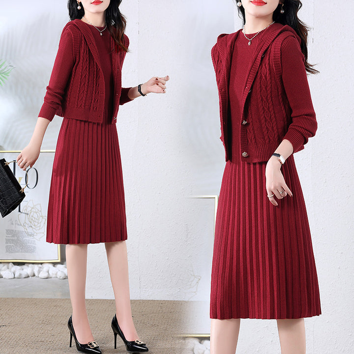 Damen elegantes Strickkleid mit großem Kragen und Knopfdetails Drune