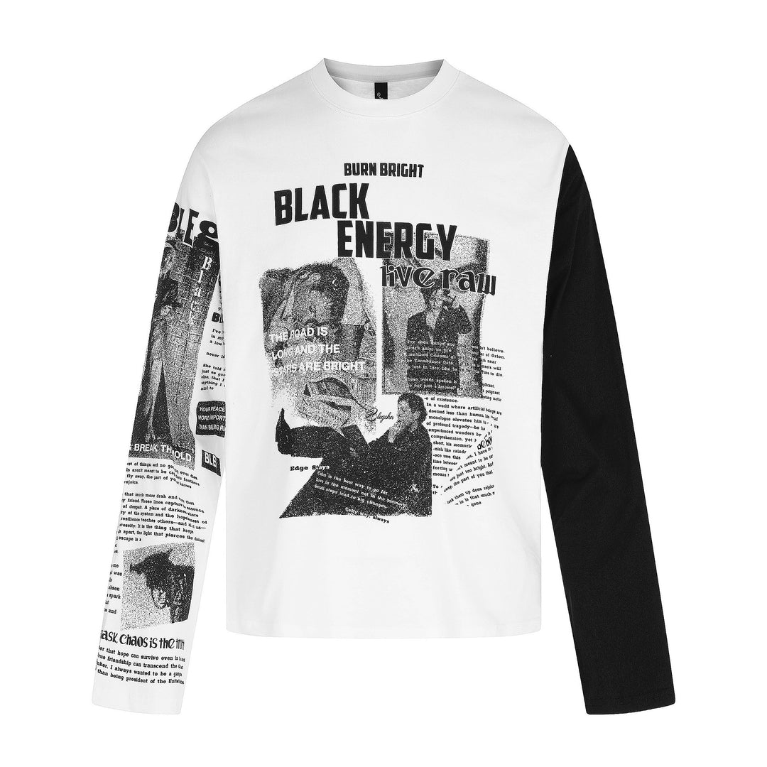 Unisex Kontrastärmliges Langarmshirt mit großflächigem Grafikprint und Ärmel-Collage Drune