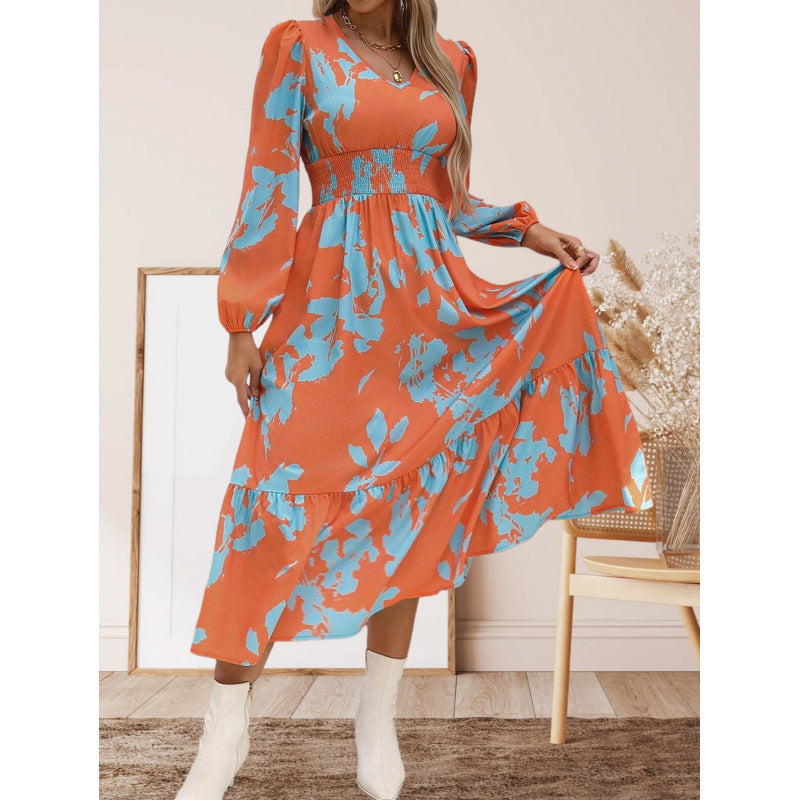 Damen Langarm Maxikleid mit floralen Mustern und voluminösen Ärmeln Drune