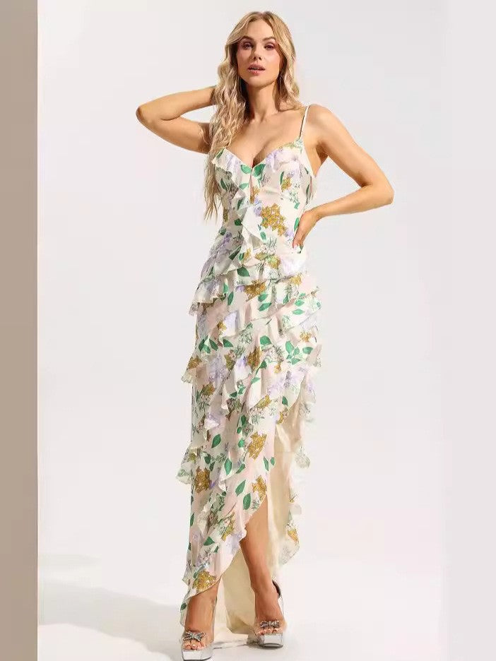 Damen Rüschenmaxikleid mit floralem Muster und tiefem Beinschlitz Drune