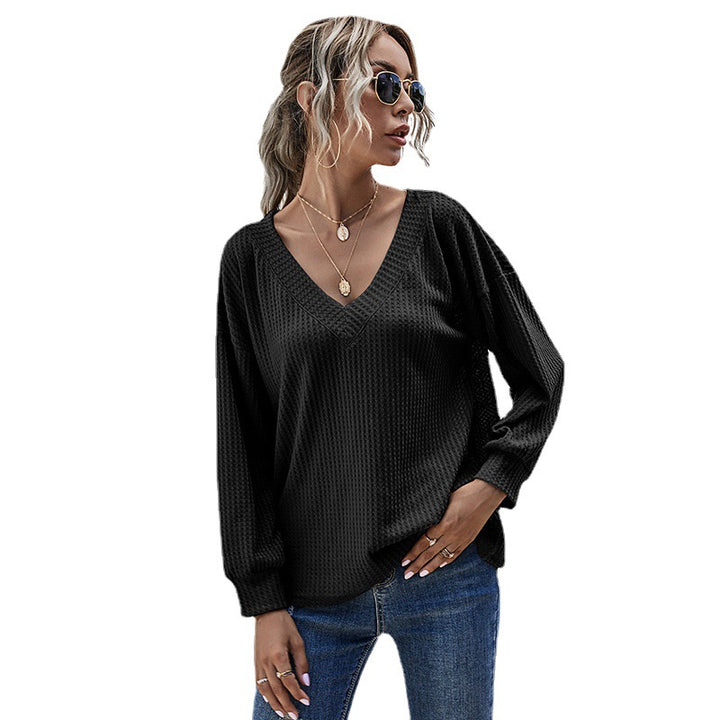 Damen Waffelstrick-Longsleeve mit V-Ausschnitt und überschnittener Schulter Drune