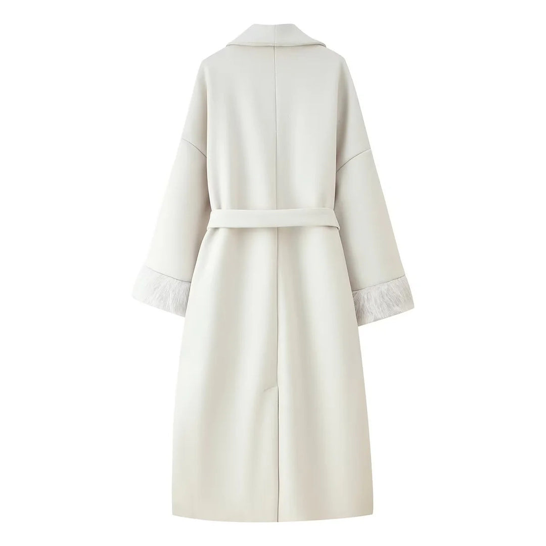 Damen nan oversize Mantelrobe mit weitem Schalkragen, Taillenband und Fauxfur-Manschetten Drune