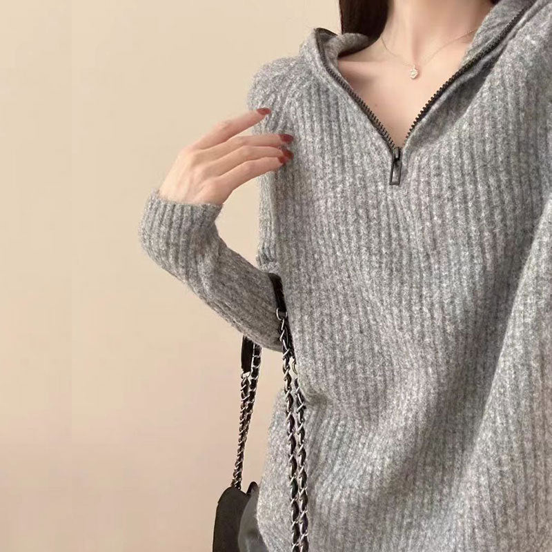 Damen lässiger Strickpullover mit hochgezogenem Kragen und Reißverschluss Drune