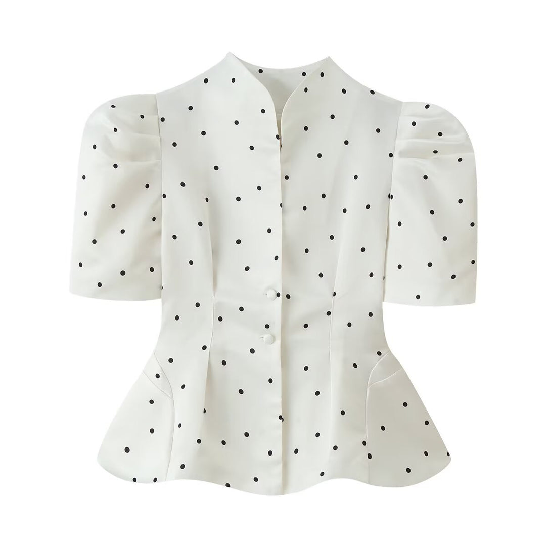 Damen Polka-Dot Bluse mit Stehkragen, Puffärmeln und tailliertem Schößchen Drune
