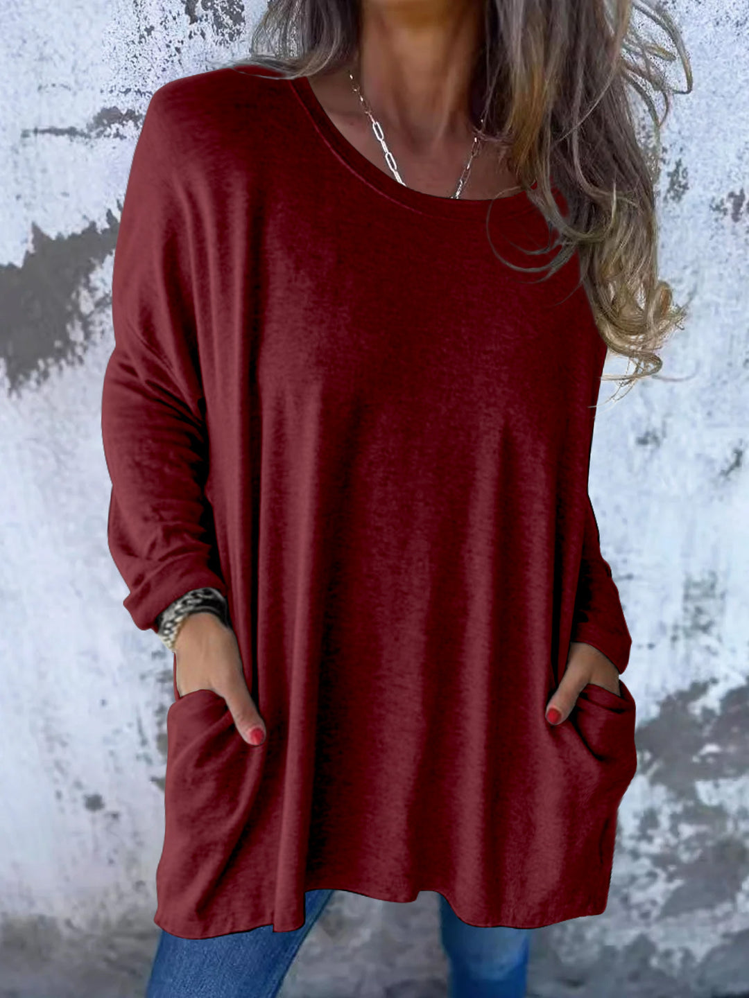 Damen Weiches Oversize Langarmshirt mit Rundhalsausschnitt, Lässigen Ärmeln und Seitentaschen Drune