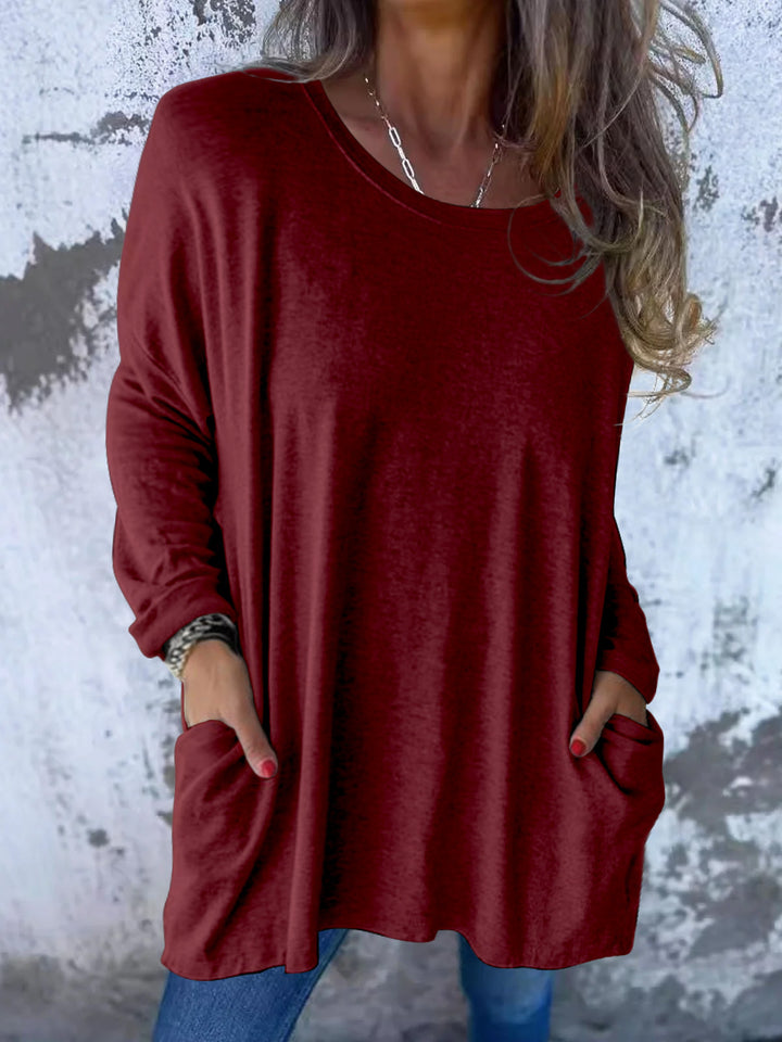 Damen Weiches Oversize Langarmshirt mit Rundhalsausschnitt, Lässigen Ärmeln und Seitentaschen Drune