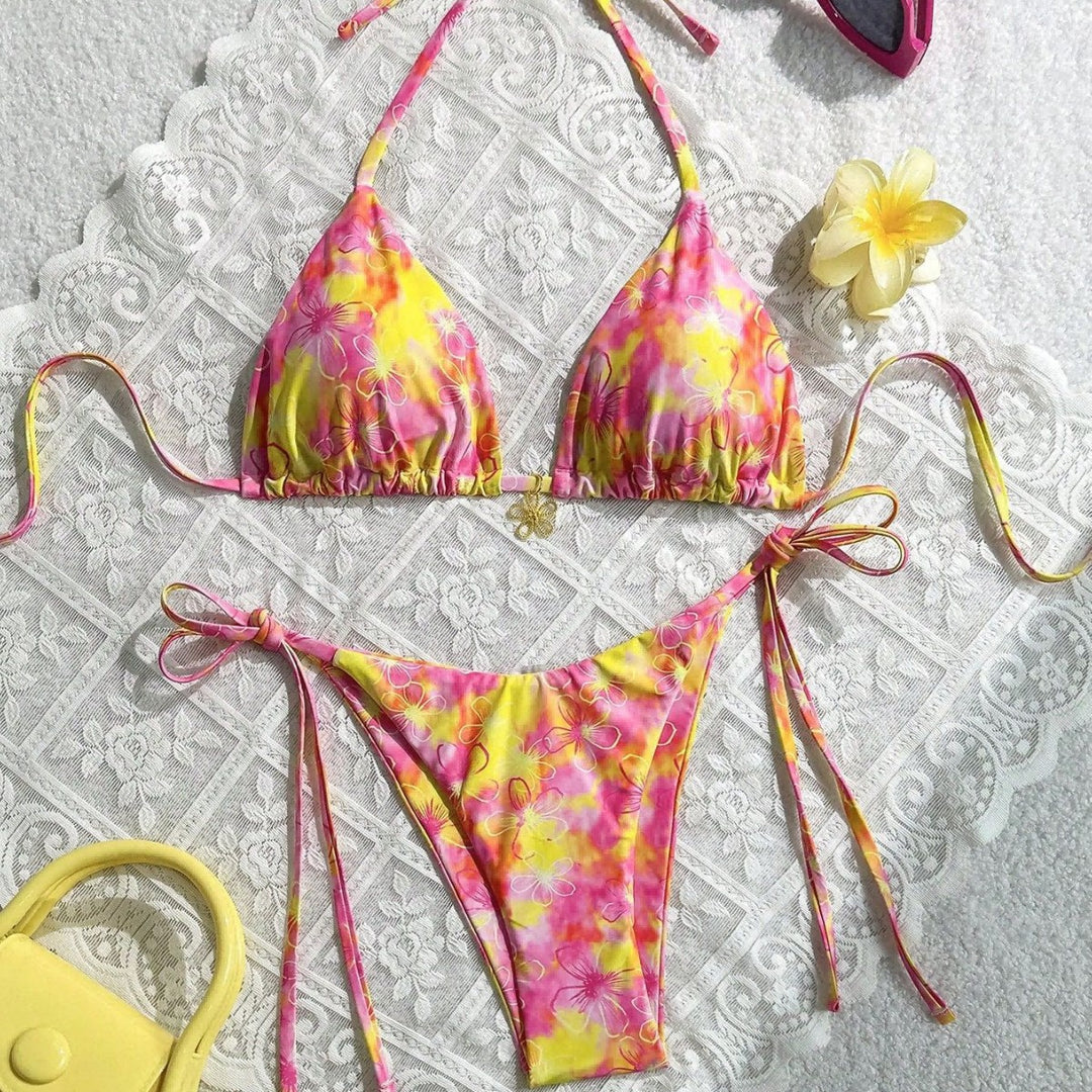 Damen Triangel-Bikini mit verstellbaren Bändern und buntem Blumenmuster Drune