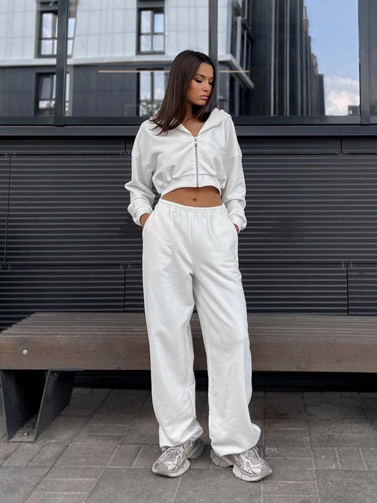 Damen kurzes Zip-Hoodie-Lounge-Set mit taillenhoher Relax-Sweathose Drune
