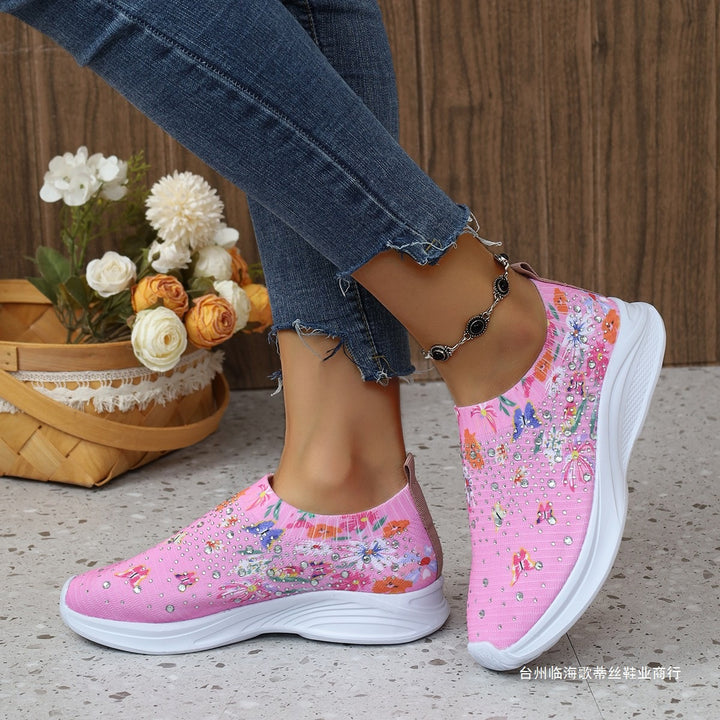 Damen Slip-On Strick-Sneaker mit elastischem Schaft, Blumenprint und Strassbesatz Drune