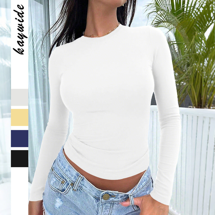 Damen nan eng anliegendes Langarm-Basictop aus Stretchjersey mit Rundhalsausschnitt und taillierter Silhouette Drune