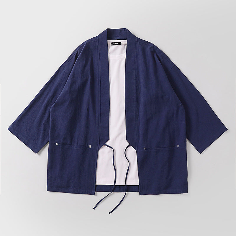 Unisex Kimono-Haori-Jacke mit Bindegürtel und dreiviertelärmeln Drune