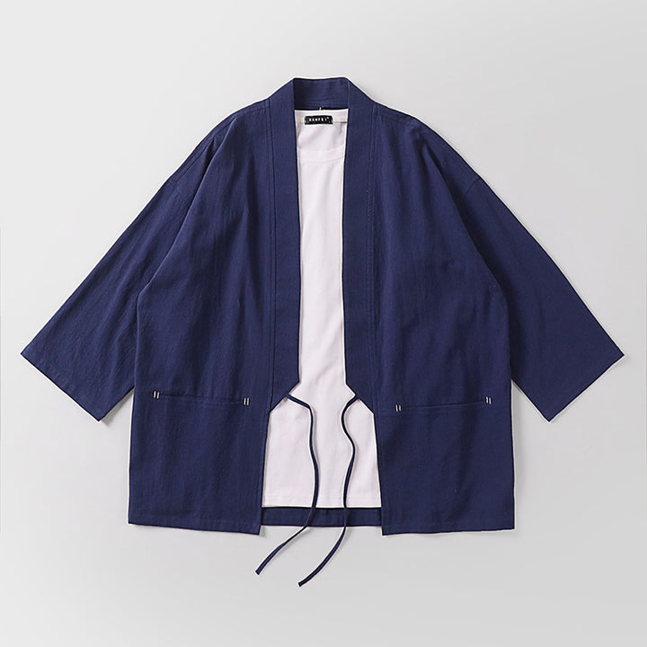 Unisex Kimono-Haori-Jacke mit Bindegürtel und dreiviertelärmeln Drune
