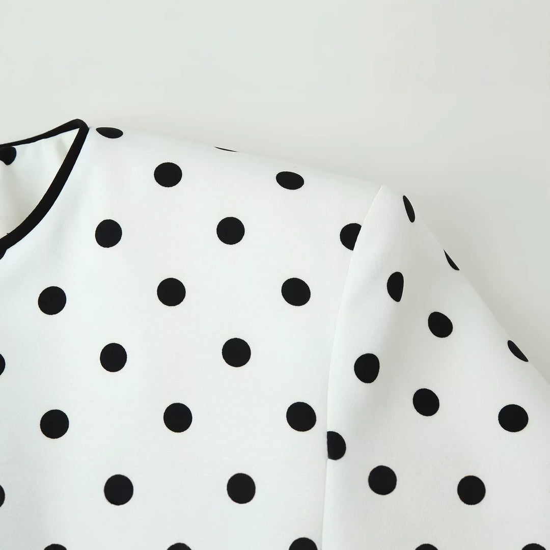 Damen Cropped‑Übergangsjacke im Polka‑Dot‑Design mit rundem Ausschnitt und kontrastierter Blendenverarbeitung Drune