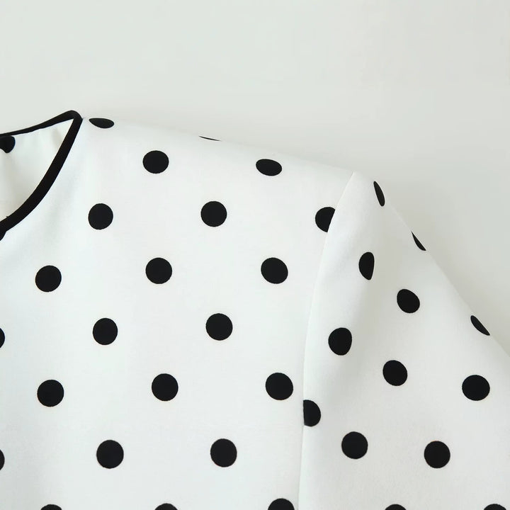 Damen Cropped‑Übergangsjacke im Polka‑Dot‑Design mit rundem Ausschnitt und kontrastierter Blendenverarbeitung Drune