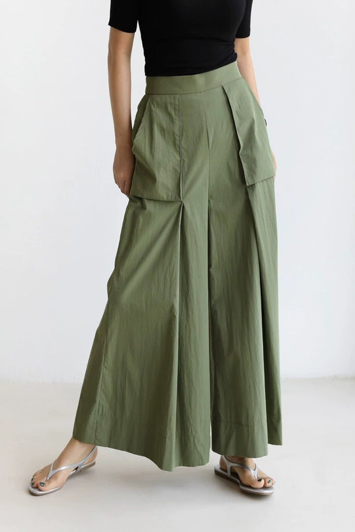 Damen Weite Palazzo-Hose mit hoher Taille, Cargo-Taschen und plisseeartiger Faltenlegung Drune