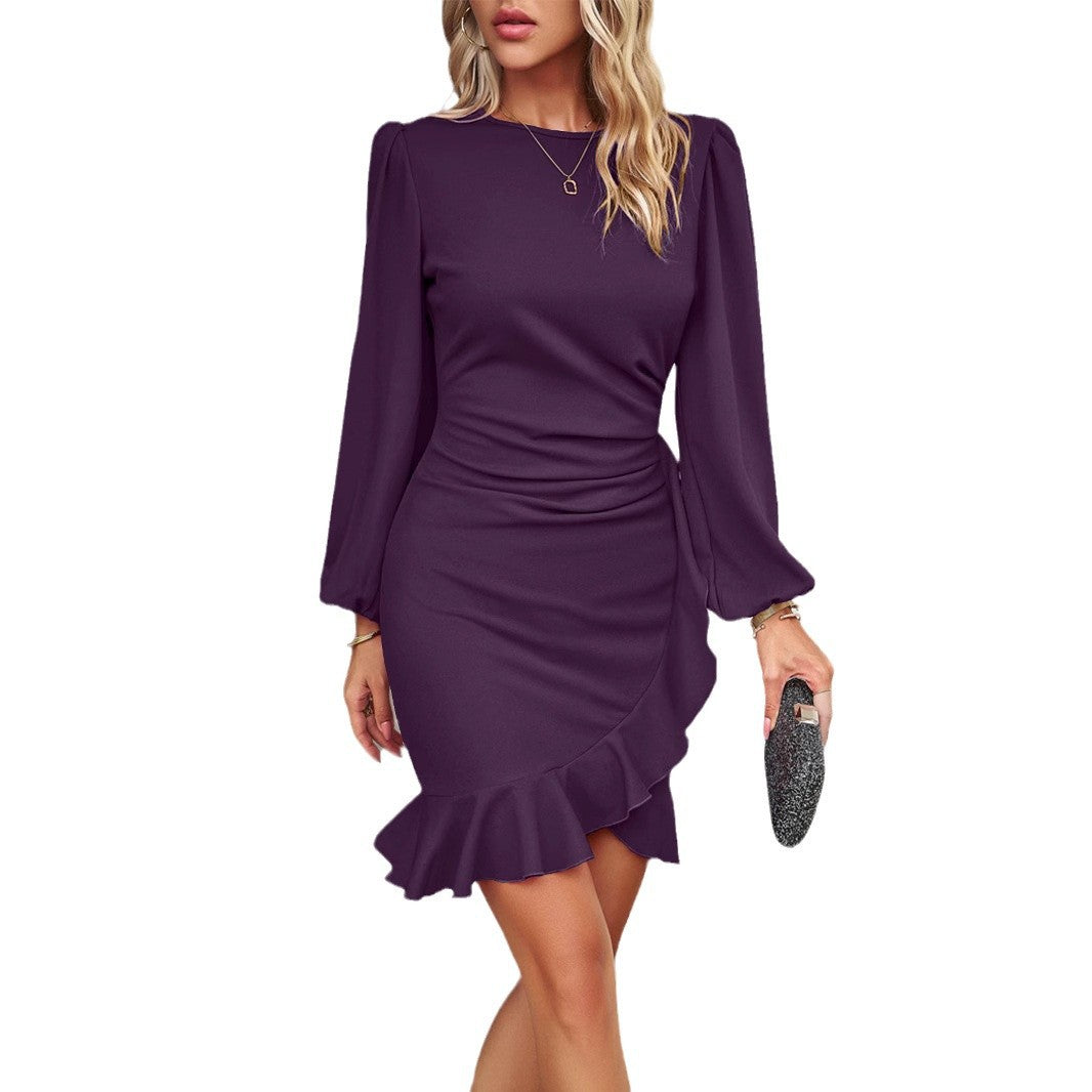 Damen nan figurbetontes Abendkleid mit Puffärmeln und asymmetrischem Volantsaum Drune