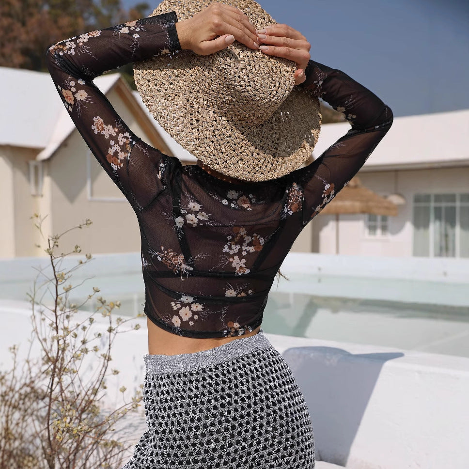 Damen eleganter leichter Mesh-Top mit floralem Muster Drune