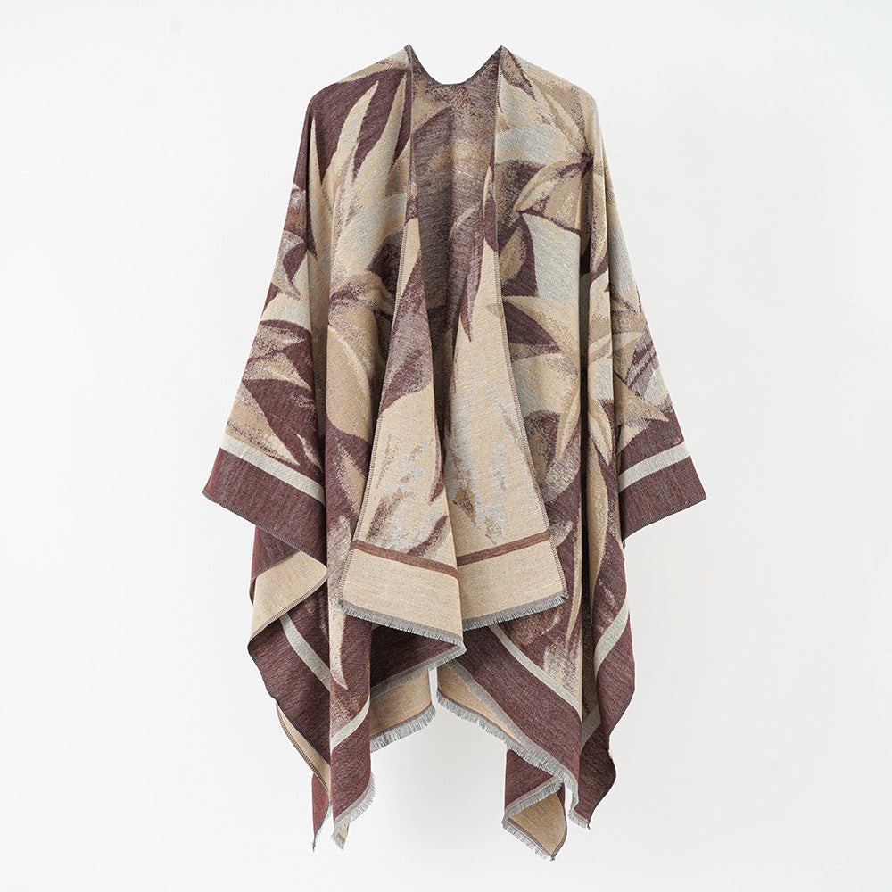 Damen Jacquard-Überwurfponcho mit floral-abstrakter Webstruktur und weichfallendem Oversize-Cape Drune