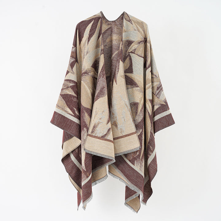 Damen Jacquard-Überwurfponcho mit floral-abstrakter Webstruktur und weichfallendem Oversize-Cape Drune