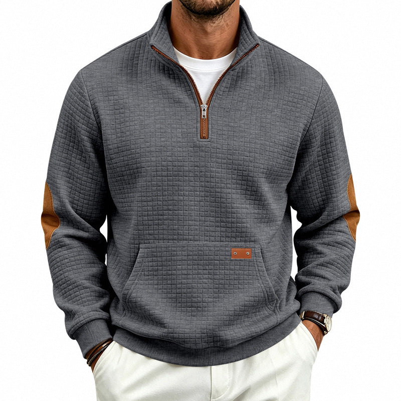 Herren Stehkragen-Halbzip-Sweatshirt mit karierter Reliefstruktur und Lederoptik-Ellenbogenpatches Drune