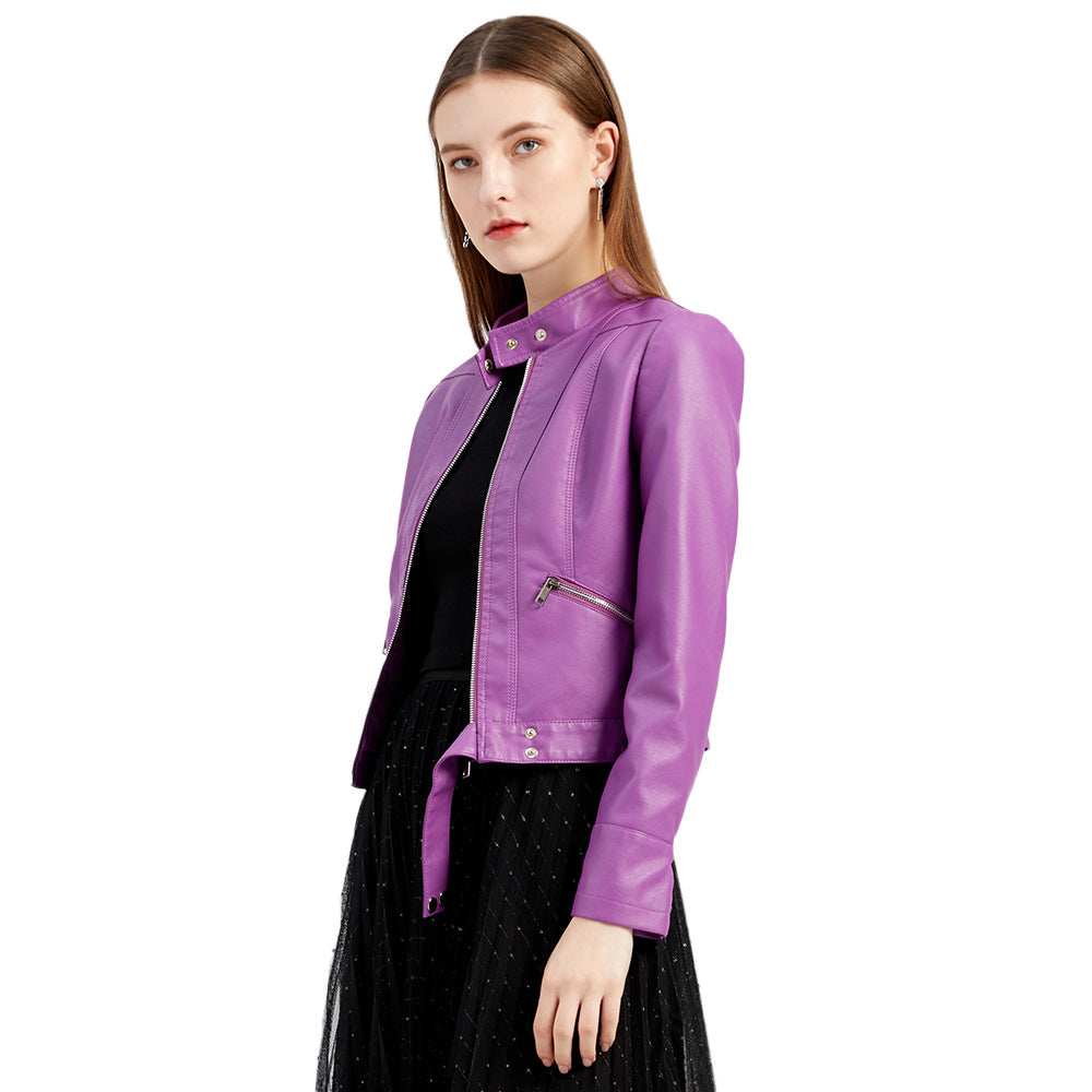 Damen nan kurze taillierte Kunstlederjacke im Racer-Stil mit Stehkragen und Reißverschlusstaschen Drune