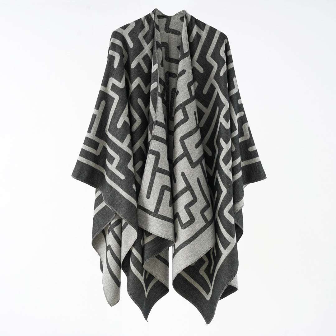 Damen Wendefreundlicher Jacquard-Capeponcho im Oversize mit grafischem Allovermuster Drune