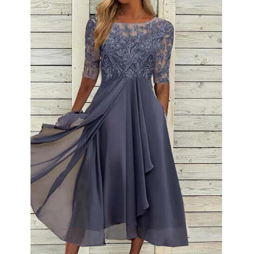 Damen elegantes Cocktailkleid mit floralem Spitzenoberteil und fließendem Rock Drune