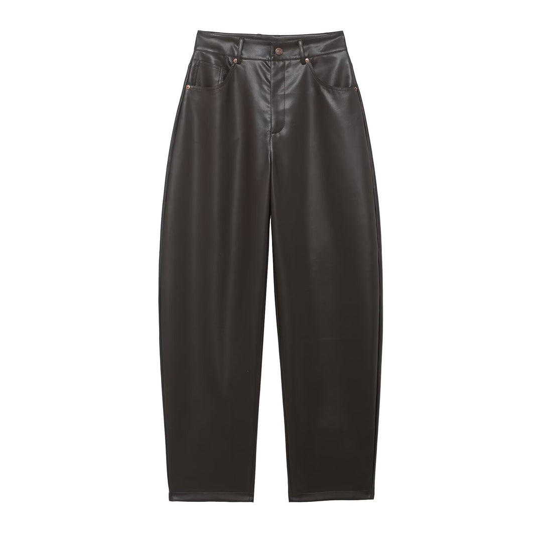 Damen Hochtaillierte Kunstlederhose mit weiter tapered Passform Drune