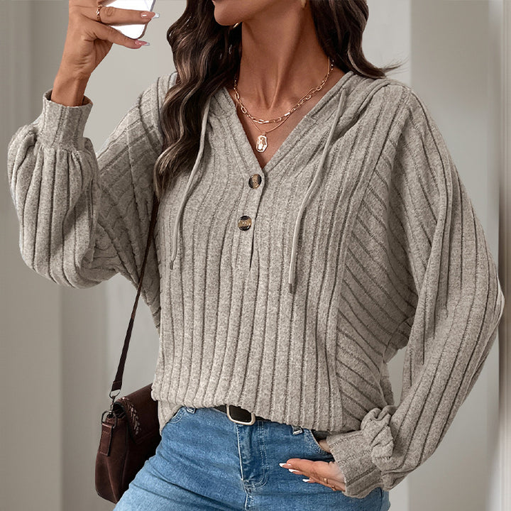 Damen Kapuzensweater mit strukturiertem Rippdesign und eleganten Knopfdetails Drune