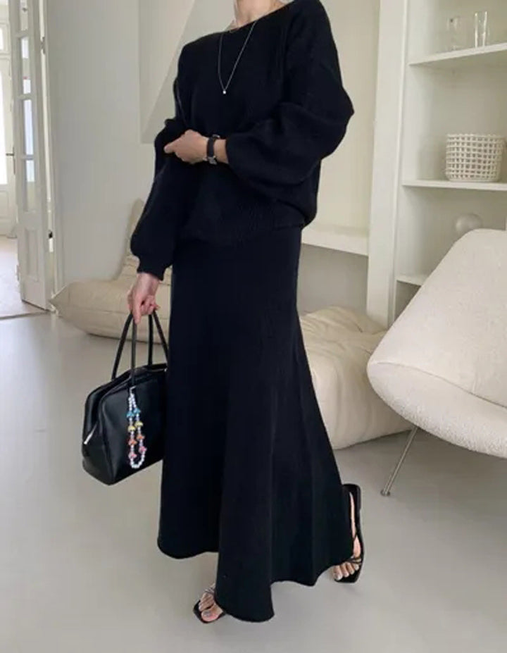 Damen Strick-Set aus Oversize-Ripp-Pullover und fließendem Maxirock Drune