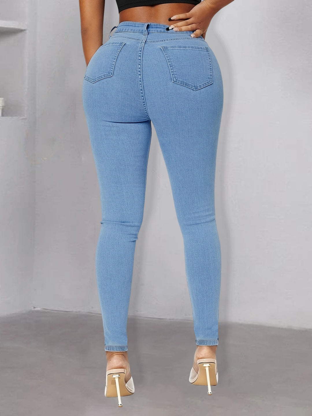 Damen perlenverzierte High‑Waist Skinny‑Jeans mit Knieausschnitten Drune