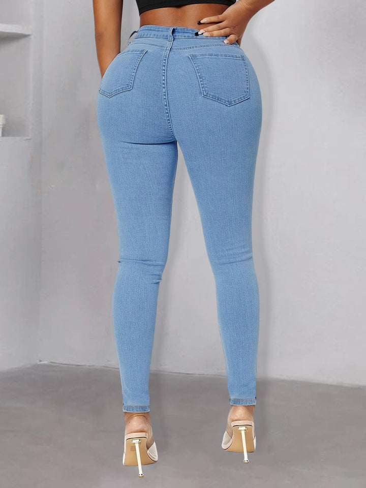 Damen perlenverzierte High‑Waist Skinny‑Jeans mit Knieausschnitten Drune