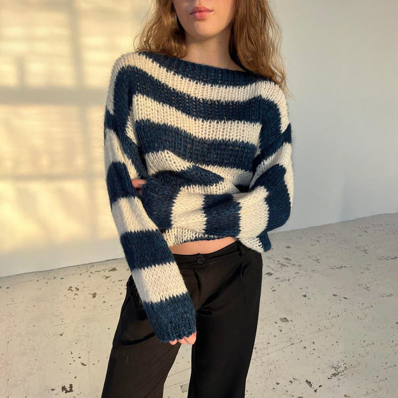 Damen lässiger gestrickter Pullover mit asymmetrischem Schnitt und Streifenmuster Drune